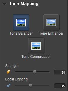 Tone Balancer: a patented Local Tone Mapping Engine aimed at balancing tones and revealing both the shadows and highlights of an image Strength: Adjusts the local contrast levels Local Lighting: