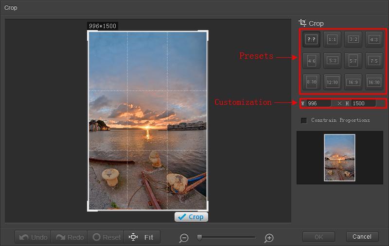 Click the ( ) at the bottom of your workspace, and the Crop box will pop up immediately. Preset ratios will appear in the right-hand corner.
