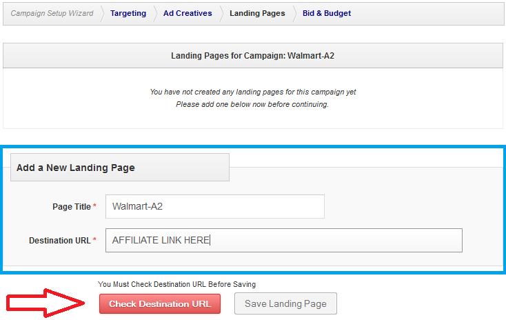 As you can see in the screenshot above, give it a name, paste in your CPA affiliate link of the offer you want to advertise.