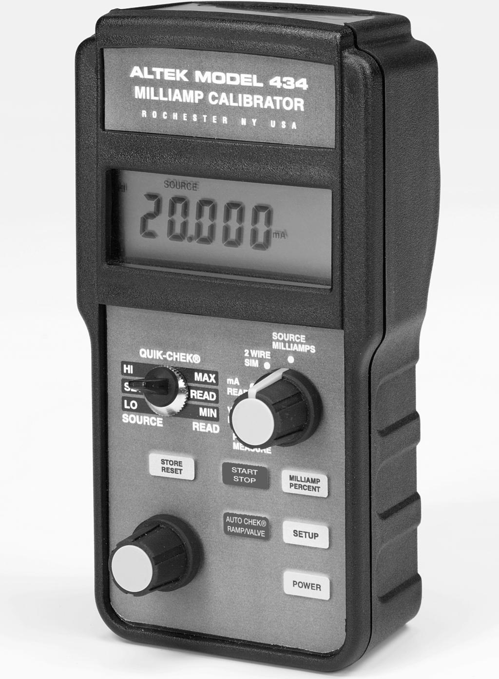 Milliamp Calibrator Model 434 General description Calibrate Loop Instruments Calibrate and troubleshoot all the signals in a standard 4 to 20 milliamp process control loop with Altek s Model 434