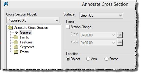 Annotating the Proposed Cross Sections 1. Select the Annotate Cross Sections tool from the Corridor Modeling task menu. 2. Select Preferences. 3. Select the preference entitled Object Off/Elev/Slope.