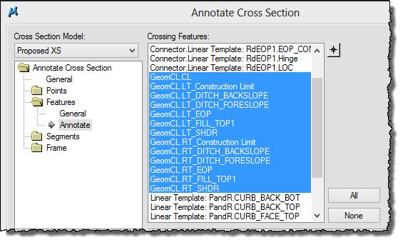 8. Using the Shift or Ctrl key on your keyboard, select all of the Crossing Features that begin with GeomCL so that they will be annotated on the cross sections as shown below.