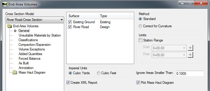 9. Define the surfaces used for computing end area volumes. a. Select the General leaf settings. b. Select the Existing Ground and River Road surfaces. c. Ensure that the Create XML Report and Plot Mass Haul Diagram are checked.