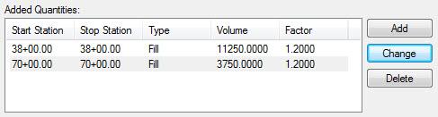 ter a Volume of 11250 and a Factor of 1.2, and then click Add. e. Set the Start and End Stations to 70+00, set the Type to Fill, enter a Volume of 3750 and a Factor of 1.2, and then click Add. 14.