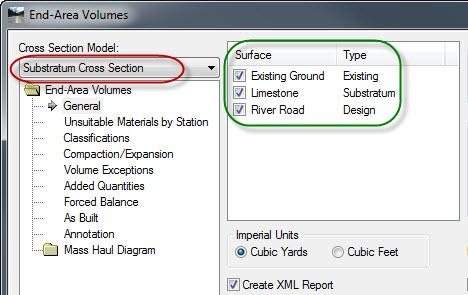 Volumes including Substratum 1. Continue in the End Area Volume.dgn. 2. Switch the Model to Substratum Cross Section. 3. Select the End Area Volume tool from the Corridor Modeling task menu. 4.