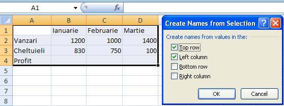 Pentru tabelul alăturat definirea numelor se face prin: - selectare tabel; - din ribbon-ul Formulas Create from Selection, se alege în fereastra care apare localizarea etichetelor care vor deveni