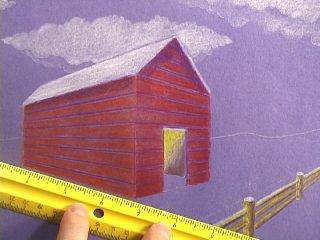 Use the brown to make an "L" shape on the inner wall of the barn and fill it in pressing lighter toward the center.