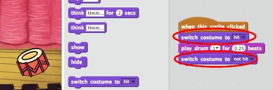 The code block for changing the costume is in the Looks section Test your drum