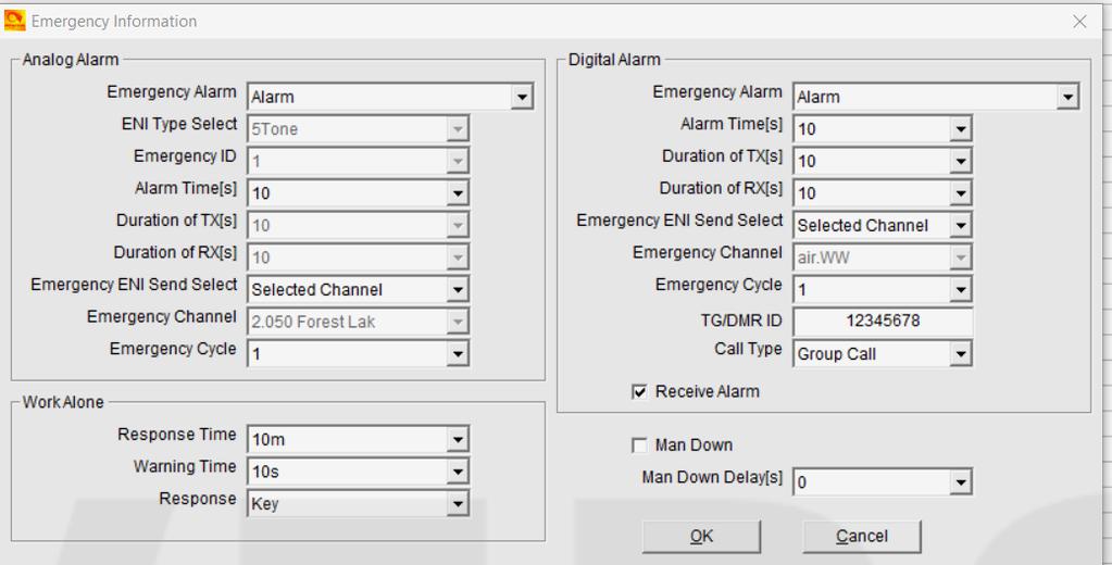 Analog Alarm Emergency Alarm: Select from Alarm, Transpond + Background, Transpond + Alarm, or Both ENI Type Selected: Select from None, DTMF or 5Tone Emergency ID: When ENI Type choose DTMF or