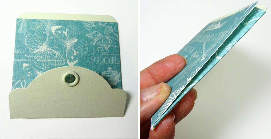 Score three large ivory tags 2 ¼" from bottom and 2½" from top to create a gate-fold.