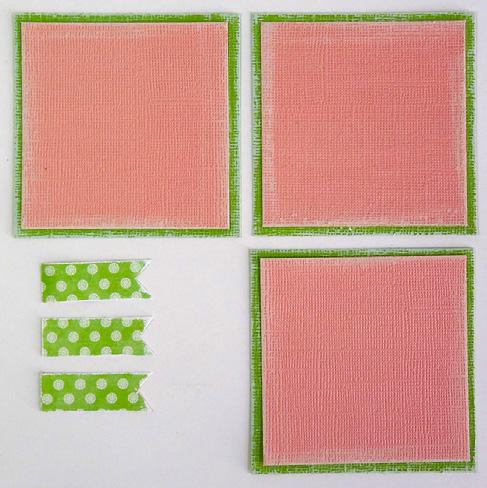 Adhere to ATC ivory tags, then adhere the remaining 2 ½" thin pink paper strips above each.