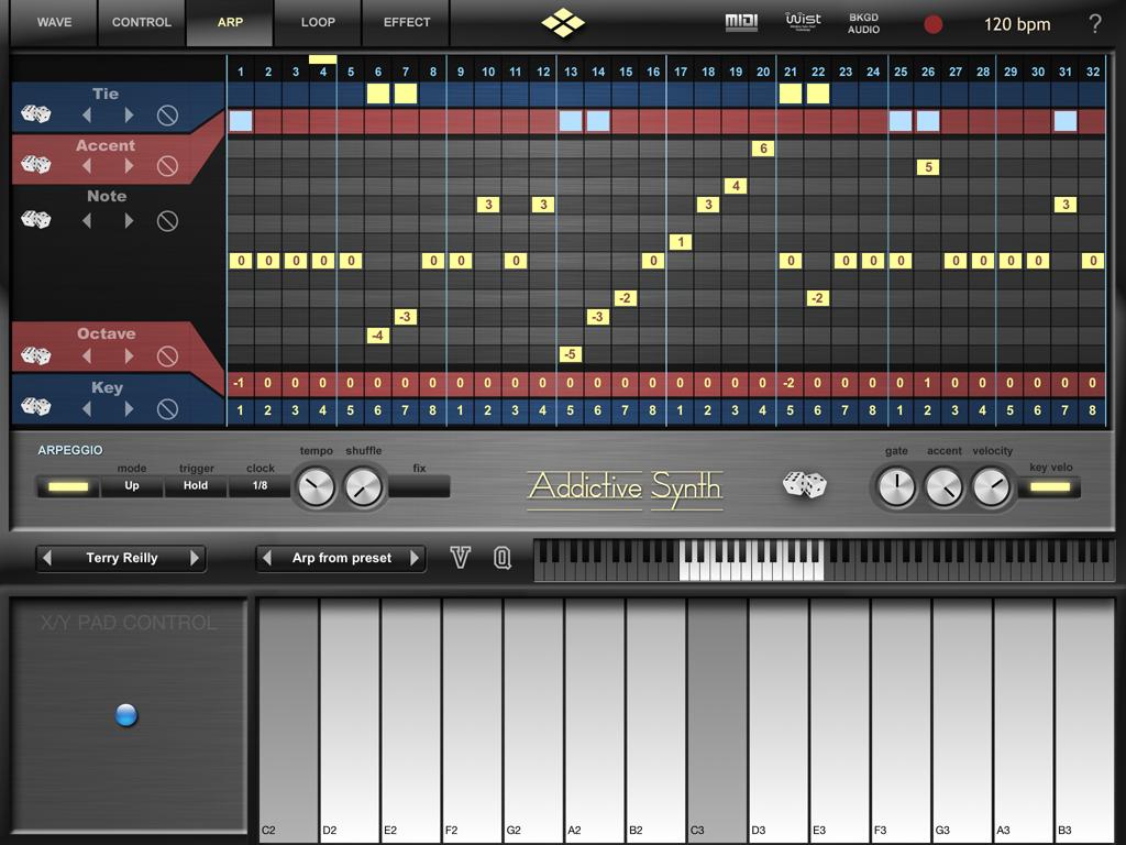 Arpeggio Page OVERVIEW Addictive Synth features an arpeggiator with a very flexible step matrix editor for programming and a unique rolling dice random arpeggio generator.
