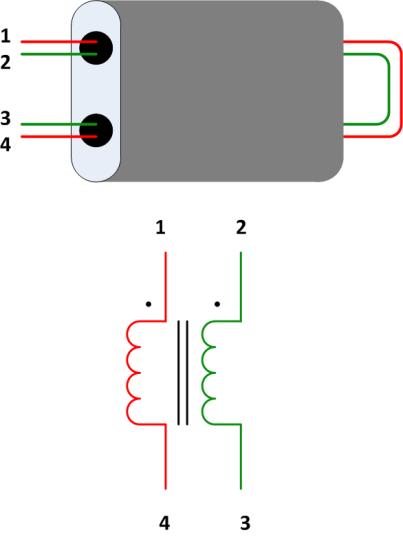 Figure 15. Bifilar winding technique 20. Transformers T2 and T3 are each 7 bifilar turns using 13 inches of green 28 AWG and 13 inches of red AWG.