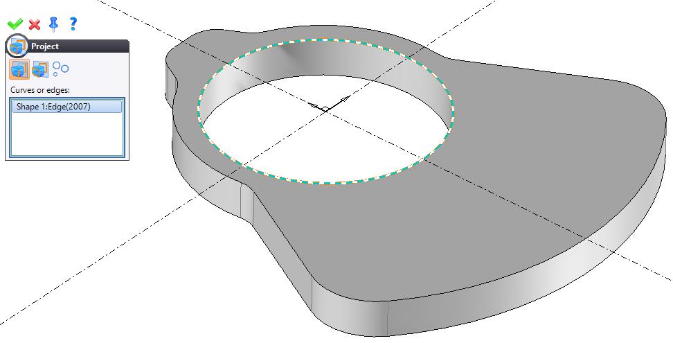 In the 2D Sketch tab, click on the Project icon and project the circular edge of the drilling onto the