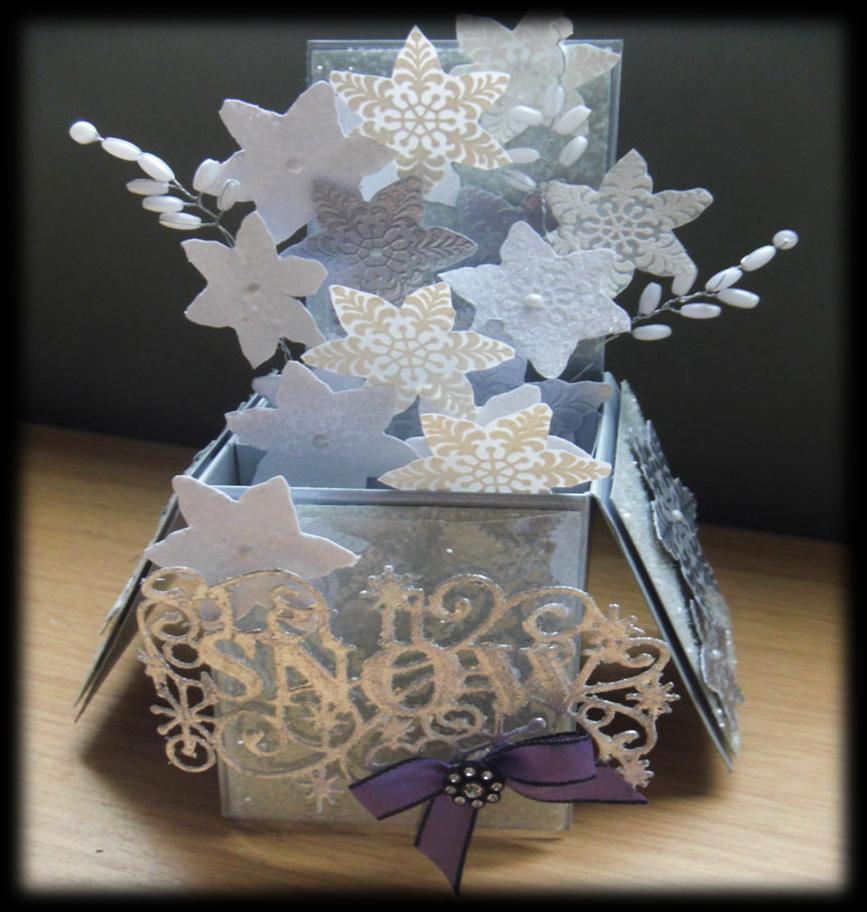 How to make a... `Let it Snow` Box Card ~ Part 1 Here is the finished box card complete with a bevelled acetate panel to curve and add extra dimension to the `Let it Snow` silver leaf die shape.