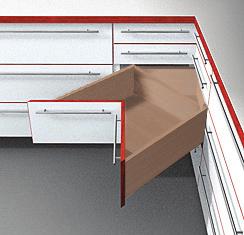 TANDEM plus BLUMOTION SPACE CORNER Application Description Basic Components Use longer length heavy duty TANDEM plus BLUMOTION runners Requires special cabinet and drawer construction (see note