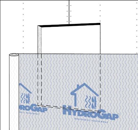 HydroGap Drainable Housewrap should be installed shingle lap fashion (i.e. begin installation at the base of the wall assembly). Extend housewrap a minimum 2 inches over sill plate.