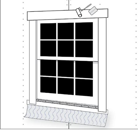 9 or 6 wide HydroFlash is recommended for sill installation as pictured in illustrations. 4 wide self-adhered flashing is not recommended for sill treatment. E.