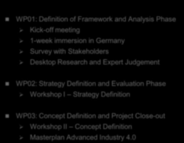 Procedure, Tools & Masterplan for Advanced (Phase I) Structure of the Project Proposal WP01: Definition of Framework and Analysis Phase Kick-off meeting 1-week immersion in Germany Survey with