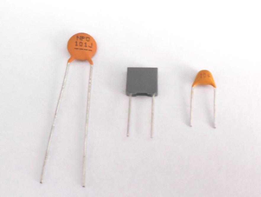 Step 4: Non-polarized capacitors Note the various types. Ceramic disc (standard and NPO), polyester MKT and ceramic multilayer chip capacitors (MLCC).