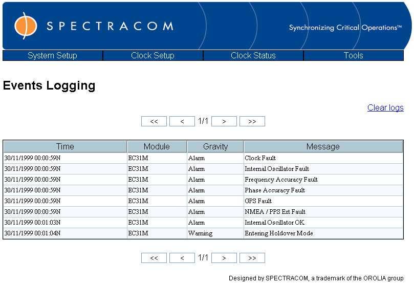 Spectracom Corporation EPSILON CLOCK MODEL EC31M 4.2.9 Events Logging This page displays the recording of events (alarms, warning, information) detected inside the EC31M.