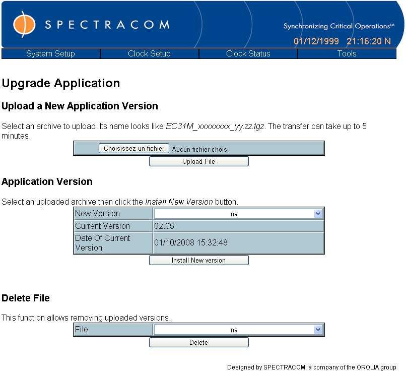 Spectracom Corporation EPSILON CLOCK MODEL EC31M 4.2.11 Software Upgrade Software upgrade is performed with this "Upgrade Application" page.