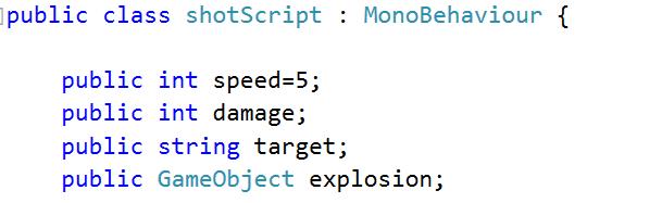 Find the shot prefab and open the Shot Script, we are going to change a few things. We add a new public variable explosion, to drag our exploision prefab onto.