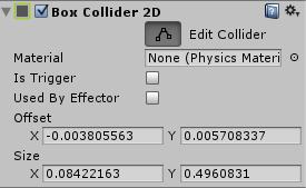 Helpfully, whilst colliders don t work, triggers do. We need something to check if we ve been hit so we ll use triggers to check for them. Add a BoxCollider2D component and tick, istrigger.