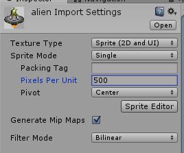 Test once again, you should be able to shoot beams now. Enemies We re using another free art asset, an alien by Ctoy- http://c-toy.blogspot.pt/ configure it using the settings below.