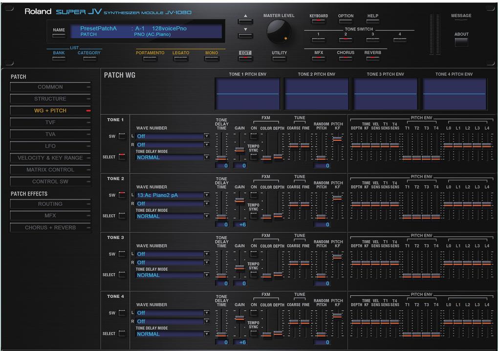 Detailed Editing for a Patch (PATCH s) [WG+PITCH], [TVF], [TVA], [CONTROL SW] editing screens Note when selecting a waveform The JV-1080 uses complex PCM waveforms as the basis for its sounds.