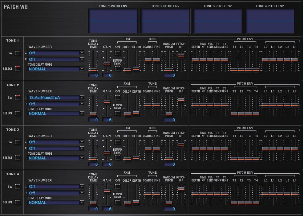 Detailed Editing for a Patch (PATCH s) Ring Modulator A ring modulator multiplies the waveforms of two tones with each other, generating many new overtones (inharmonic partials) which were not