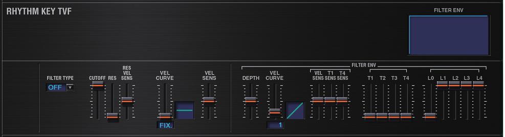 Detailed Editing for a Rhythm Set (RHYTHM s) RHYTHM KEY TVF A filter cuts or boosts a specific frequency region to change a sound s brightness, thickness, or other qualities.