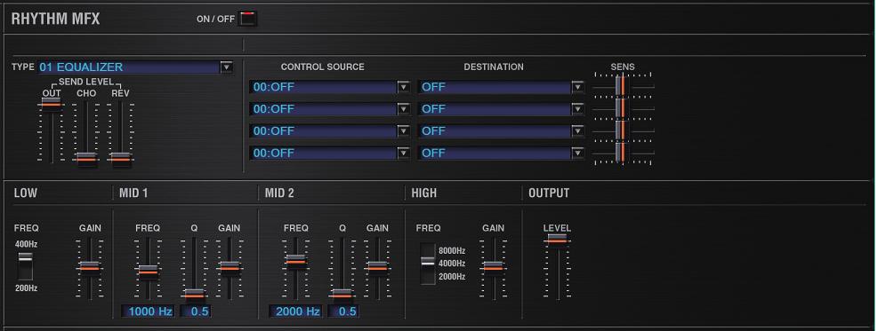 EFFECTS s REVERB LEVEL Multi-Effect Settings (MFX) ON/OFF TYPE SEND LEVEL OUT CHO REV s of each MFX type Volume of the sound that has been processed by the reverb OFF, ON Turns the multi-effect