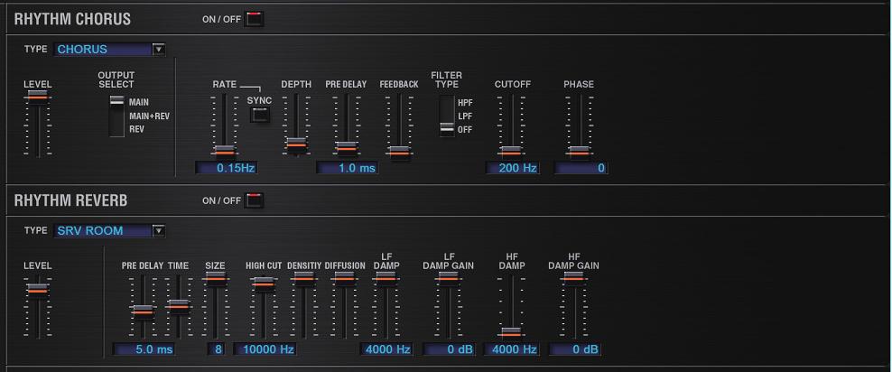 EFFECTS s Chorus and Reverb Settings Chorus Settings ON/OFF TYPE LEVEL OUTPUT SELECT s for each chorus type Turns the chorus on/off Type of chorus OFF: Chorus/delay will not be used CHORUS: Chorus