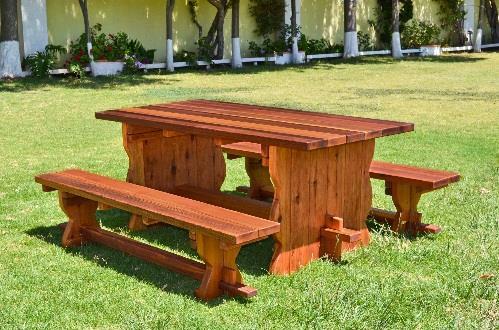 Trestle Table, 6' L, 36" W, separate benches, Redwood, Transparent Premium Sealant 2 Half Length Benches per Side Trestle Table, 6' L, 36" W, separate benches, Redwood, Transparent Premium Sealant