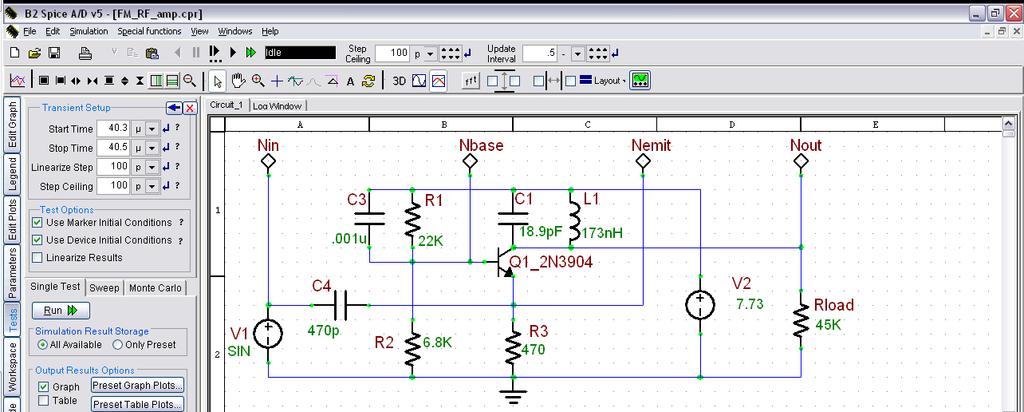 V1 is 50 mv at 88Mhz V2 is 7.73 Volts dc o Real circuit has supply voltage of 7.73 due to Ir drop across 220 ohm R25 and 100 ohm R9 Ir25 = (8.85-7.75V)/220 ohm = 5 ma Ir9 = (7.75-7.37V)/100 ohm = 3.