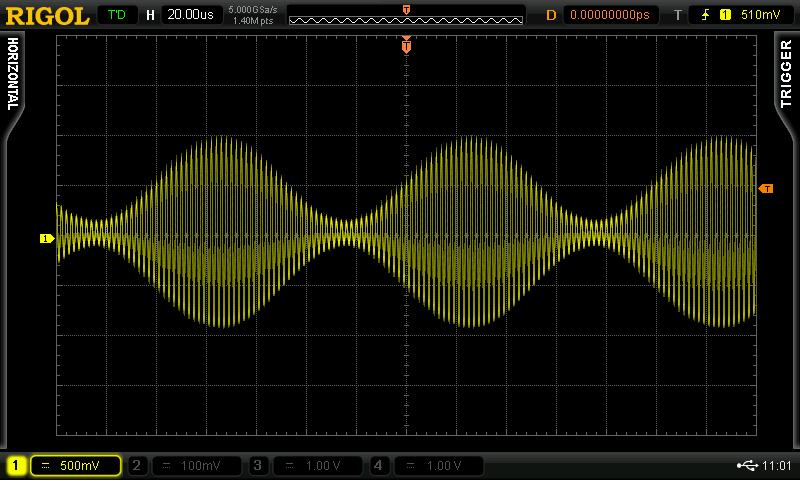 RIGOL Chapter 3 Demo Board Applications 3.1.7 Amplitude Modulation Signal 1. Signal Explanation Signal Output Pin: AM_MOD Carrier waveform: 500kHz, 1Vpp sine waveform; Modulating waveform: 10kHz, 1.