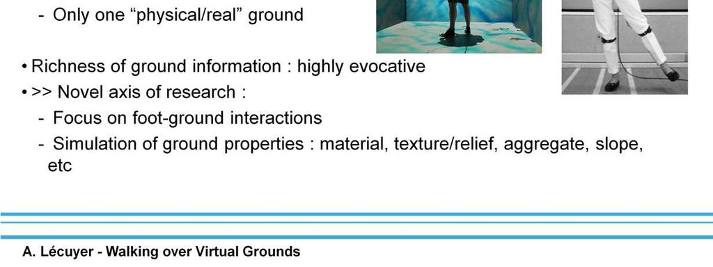 This encloses the rendering of ground properties such as material, texture, relief, or viscosity, by means of multiple and immersive sensory feedback using