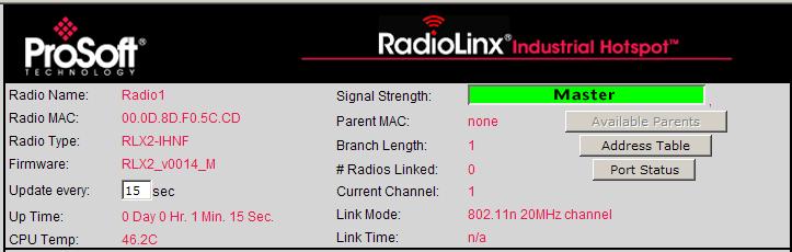 Detailed Radio Configuration / Diagnostics RLX2 Series 802.11a, b, g, n Industrial Hotspot 6.1 Radio Status The general radio status fields appear at the top of the Radio Configuration window.