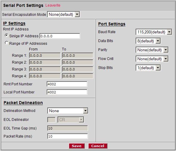 Detailed Radio Configuration / Diagnostics RLX2 Series 802.11a, b, g, n Industrial Hotspot 6.2.6 Serial Port Settings This configuration page opens when the Serial Port Settings button is clicked on the Radio Configuration form.