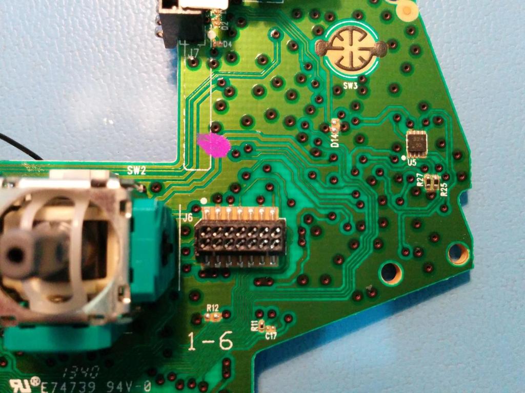8. For J6: Connected Power, A, X, Y, View and RB as shown below. To connect B, lightly scrape off any coating on top PCB. Do NOT scrape off the metal contact.