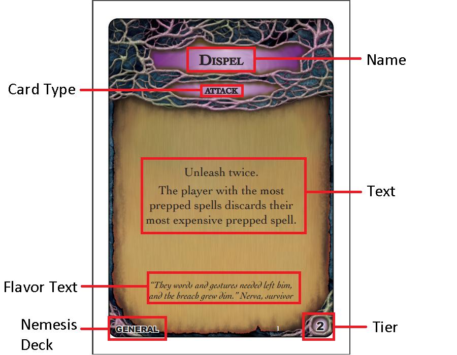 Text: The effect to resolve when you play the card. Gems and relics have effects that are resolved immediately. Spells need to be prepped to a breach before they can be Cast.