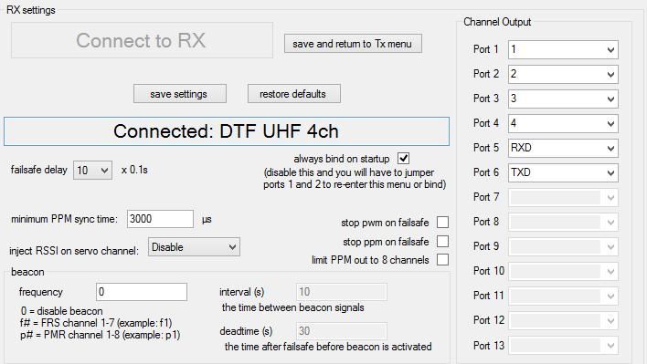 3.4 Instructions: Receiver configuration Configuring: Flytron RX / Hobbyking RX / DTF UHF 4ch RX Configuration is done wirelessly: it is not necessary to connect receivers to your computer to