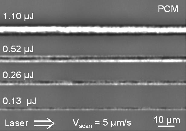 Figure 7.2: Phase-contrast microscopy observation of an array of optical structures written longitudinally in a-sio 2. The laser energy is indicated in microjoules. The scan speed is of 5 µm/s.