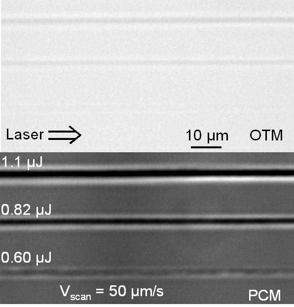 Figure 7.3: Optical transmission microscopy (OTM) and phase-contrast microscopy (PCM) observations of an array of optical structures written longitudinally in BK7 with a 150 fs pulse duration.