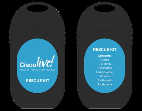 Rescue Packs Co branded with Cisco and partner logo, a little something to refresh the delegates during the event.