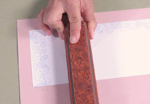 2 Re-ink the Nature Bollio and stamp the left short edge. Line the Nature Bollio up so that you don t over-stamp the top border that was stamped in Step 1.