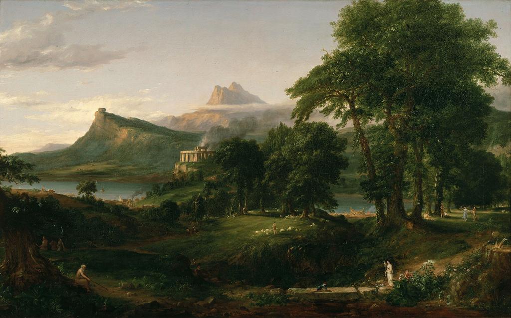 The artists intention was to show the contrast between civilization and nature. Cole was British born and so unused to the degree of wildness he found in America.