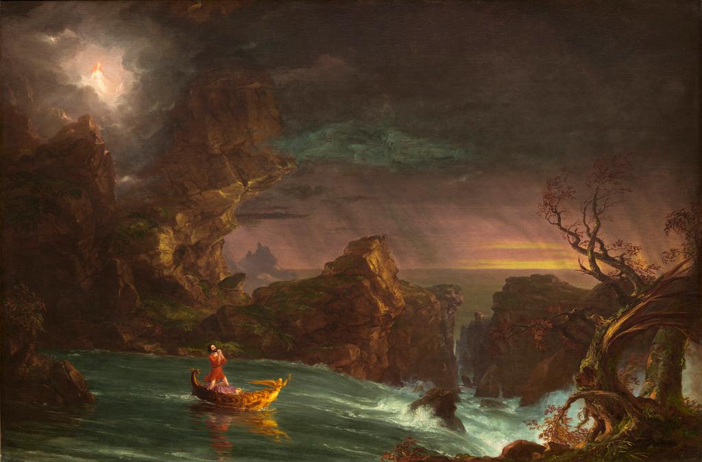 Manhood by Thomas Cole Third in a series of four paintings depicting an allegory of life, this shows how in adulthood life is rough and the course is not always smooth.