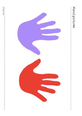 Attachment: Hand pictures Name the hands: right and left. Colours will act as memory aids: red for right and lilac for left.